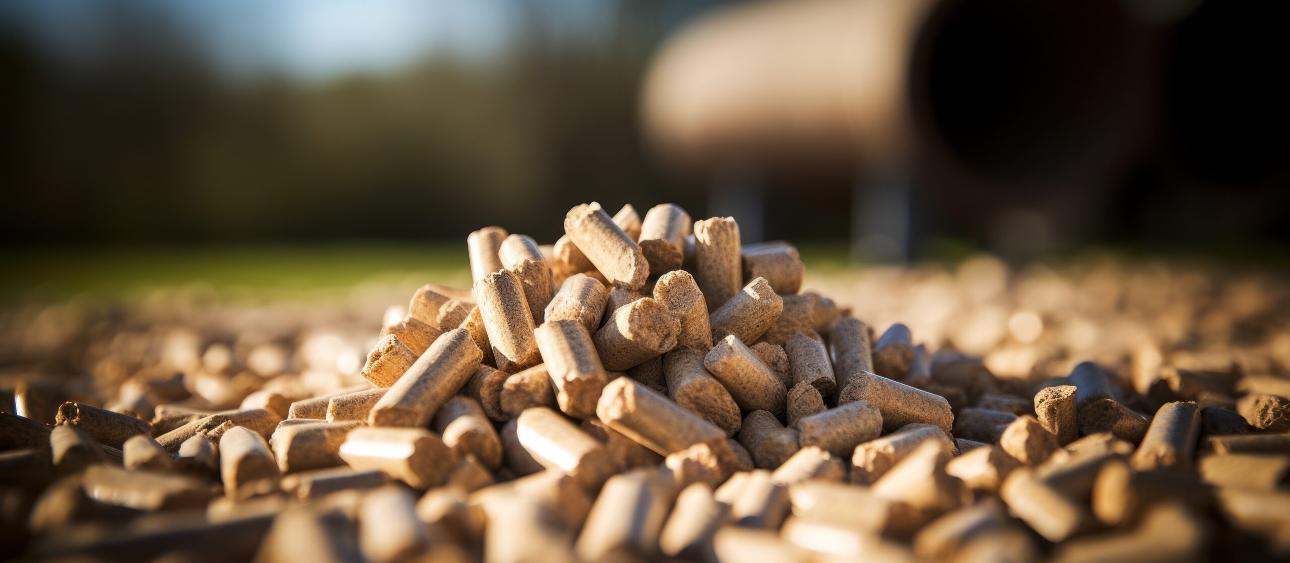 Biofuel pellets presented with cut logs and briquettes in daylig